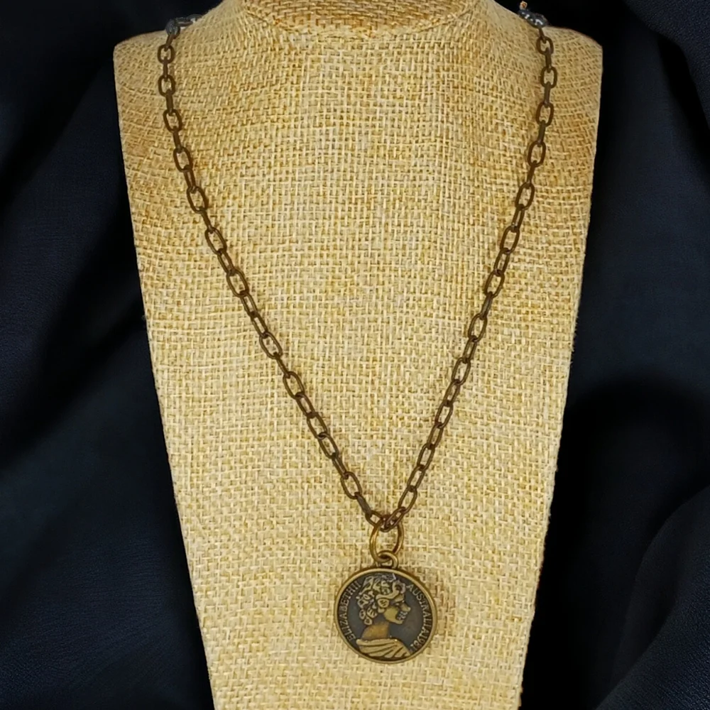Coin Medallion Necklace Antique Gold Bronze Handcrafted Grunge Gritty Boho 90s